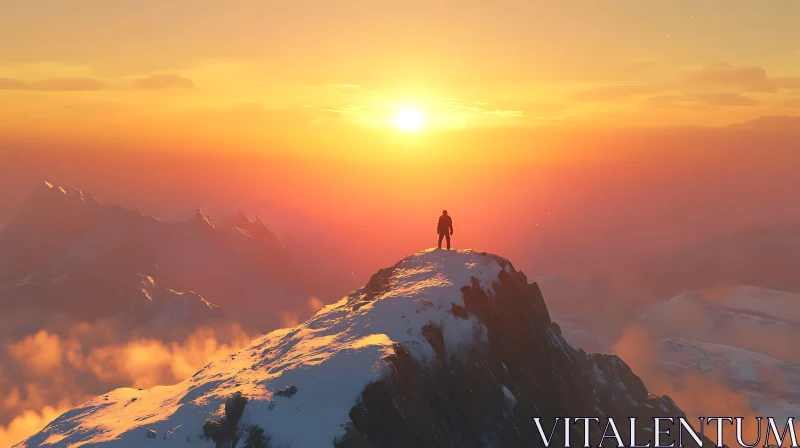 AI ART Silhouette on Snowy Mountain at Sunset