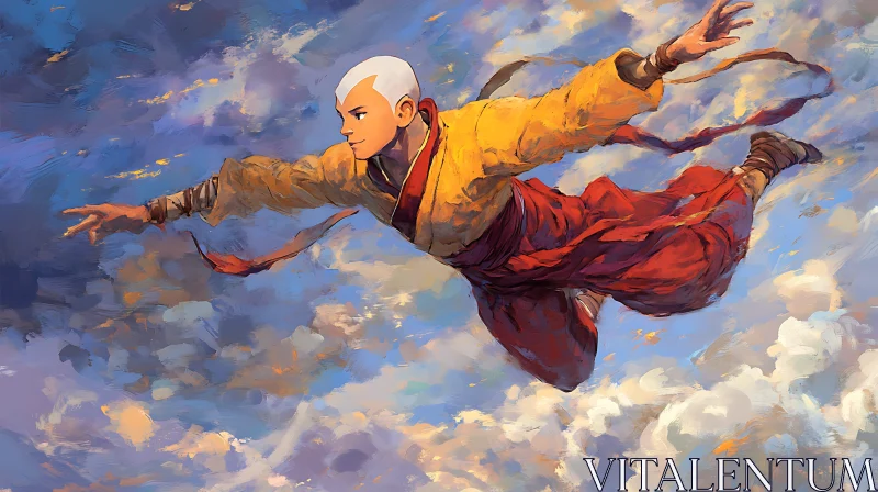 Young Monk Soaring in the Heavenly Clouds AI Image