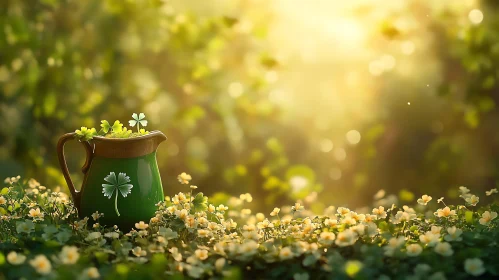 Green Pitcher with Clovers and Flowers