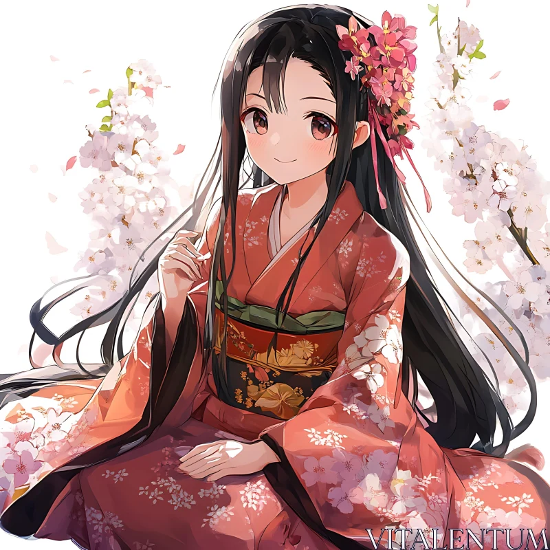 Traditional Anime Character with Flowers AI Image