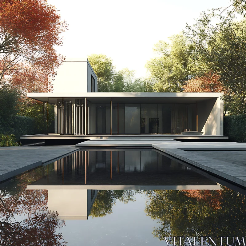 Contemporary Glass House with Tranquil Pool AI Image