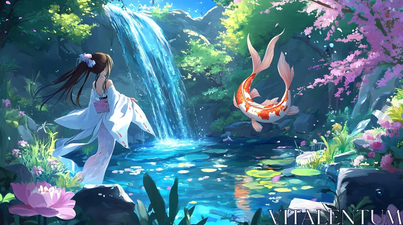 Peaceful Anime Nature Scene with Koi Fish and Waterfall AI Image