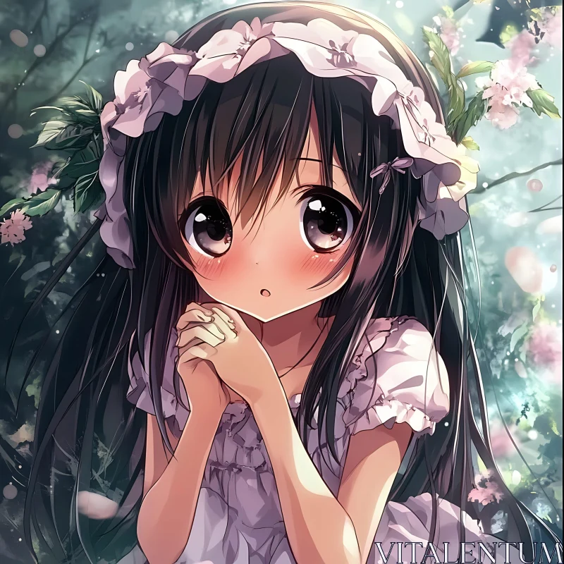 Anime Girl in Forest with Flower Adorned Hair AI Image