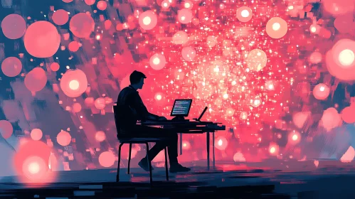 Man Coding with Pink Orbs