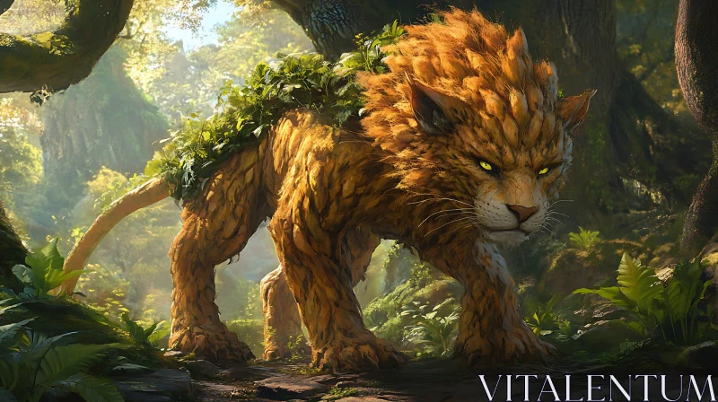 AI ART Lion with leaves in forest