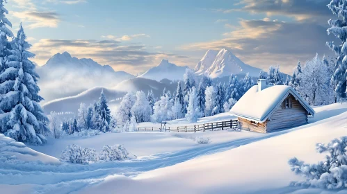 Winter Cabin in Snow-Covered Mountains