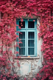 Charming Blue Window Framed by Red Ivy