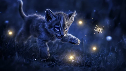 Kitten Hunting a Dragonfly at Night