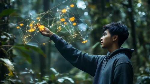 Man Touching Digital Network in Forest