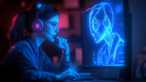 Woman Immersed in Neon Virtual World