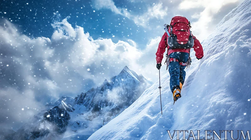 Winter Ascent: Mountaineer in Snowy Landscape AI Image