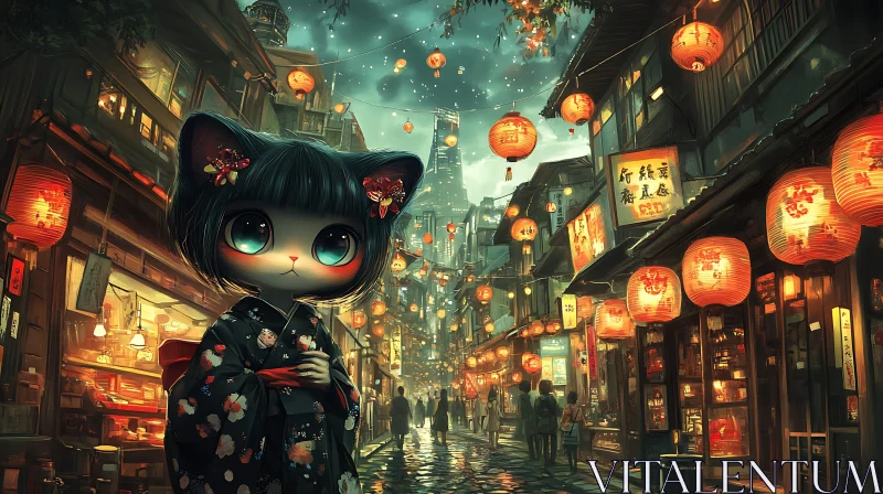 Japanese Anime Night Market Scene with Cat in Kimono AI Image