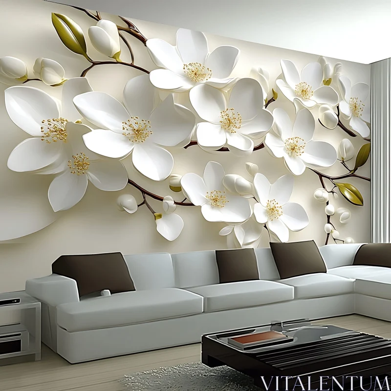 Modern Living Room with White Flower Wall Decor AI Image