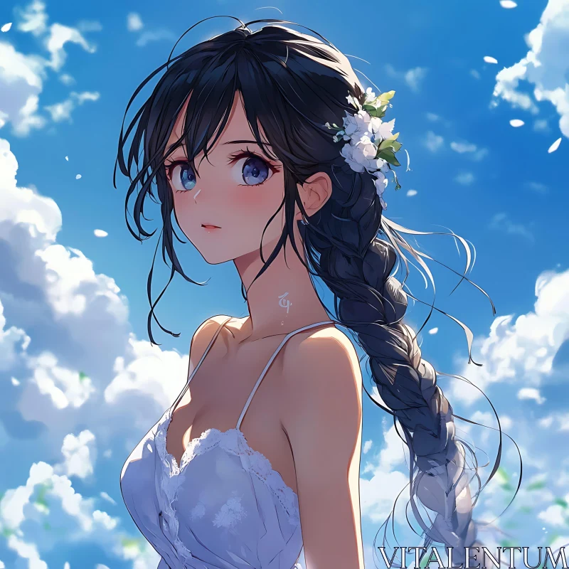 Serene Anime Girl with Flowers in Her Hair AI Image