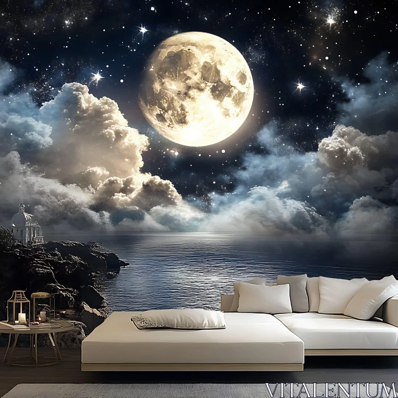 AI ART Moonlit Seascape with Starry Sky