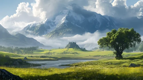 Scenic Mountain View, Green Field, Lake
