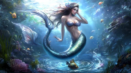 Mystical Mermaid Art in Deep Blue Sea