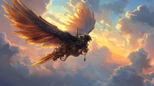 Steampunk Avian Machine in Golden Skies