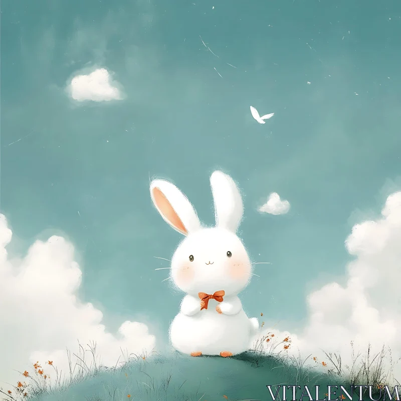 Cute Bunny with Bow on Green Hill AI Image