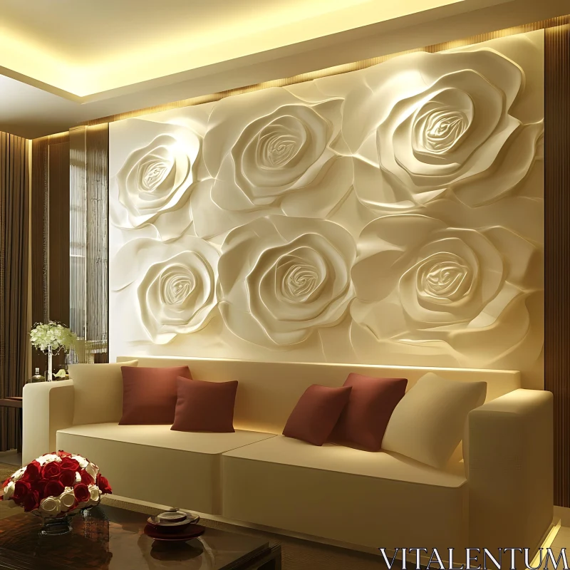 AI ART Modern Interior with 3D Floral Wall Art