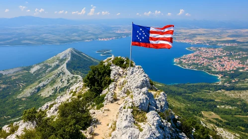 American Flag on Mountain Peak Overlooking Sea