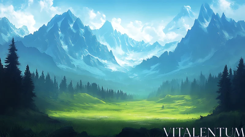 Scenic Mountain Vista with Green Valley AI Image