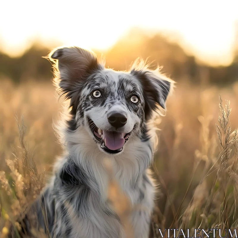 Serene Sunset with Joyful Dog in a Field AI Image