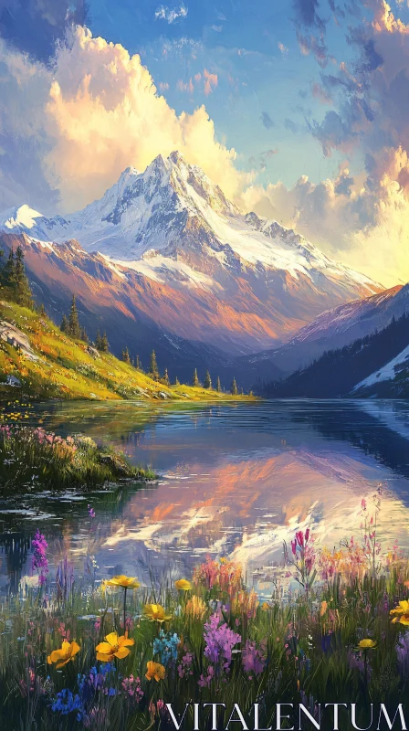 AI ART Sunset Over Snow-Capped Mountains and Reflective Lake