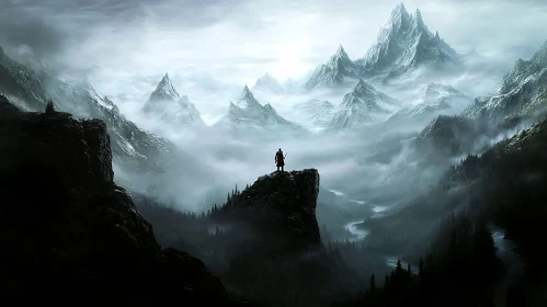 Lone Figure Overlooking Mountain Range