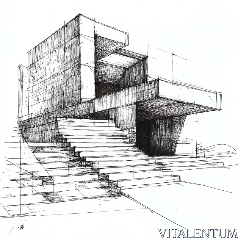 Modern Concrete Building Sketch with Geometric Lines AI Image