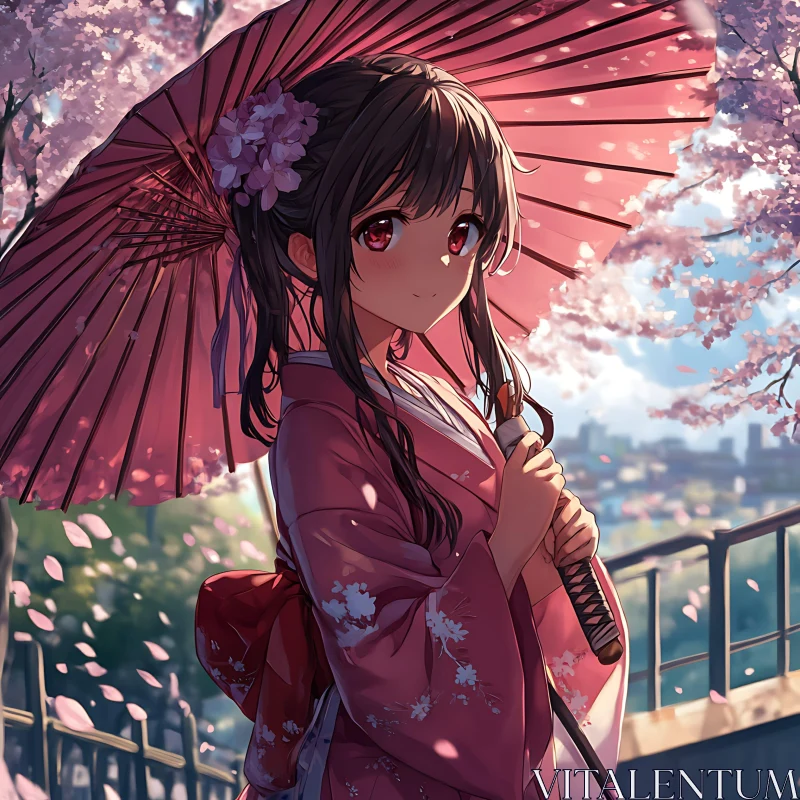 Serene Anime Scene with Blossoms AI Image