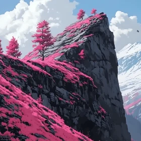 Surreal Mountain View with Pink Trees