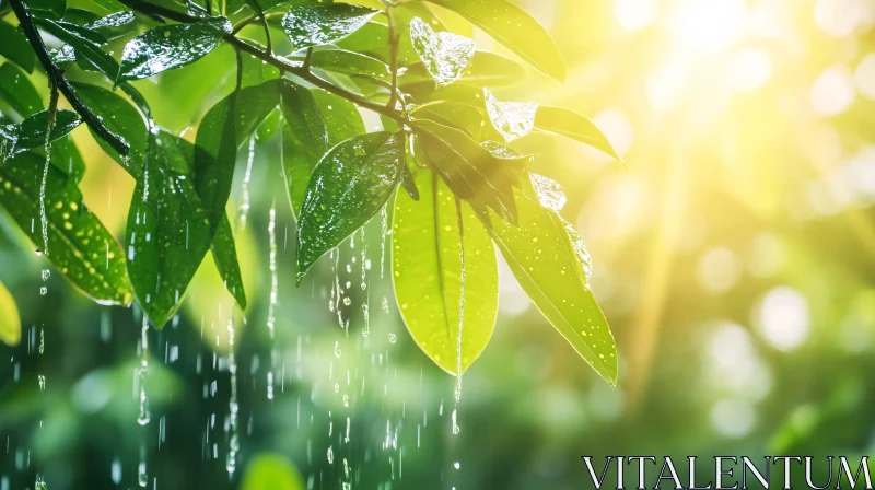 Green Leaves in Rain with Sunlight AI Image