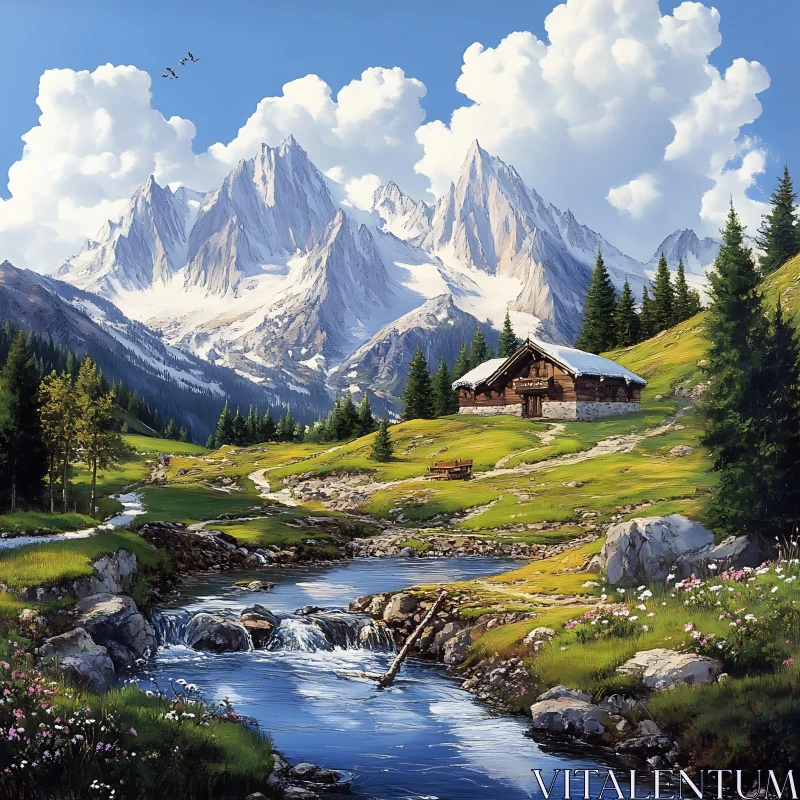 Picturesque Mountain Cabin and River Scenery AI Image