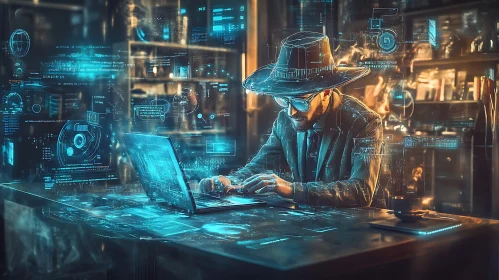 Man in Hat Working on Laptop with Data Overlay