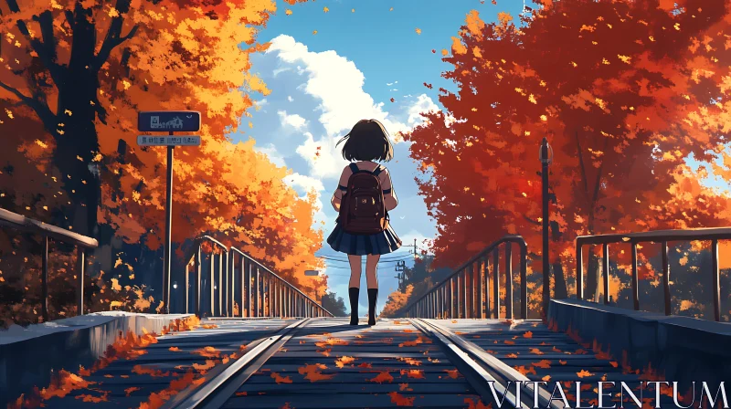 Anime Scene: Girl Walking on Railway with Autumn Leaves AI Image