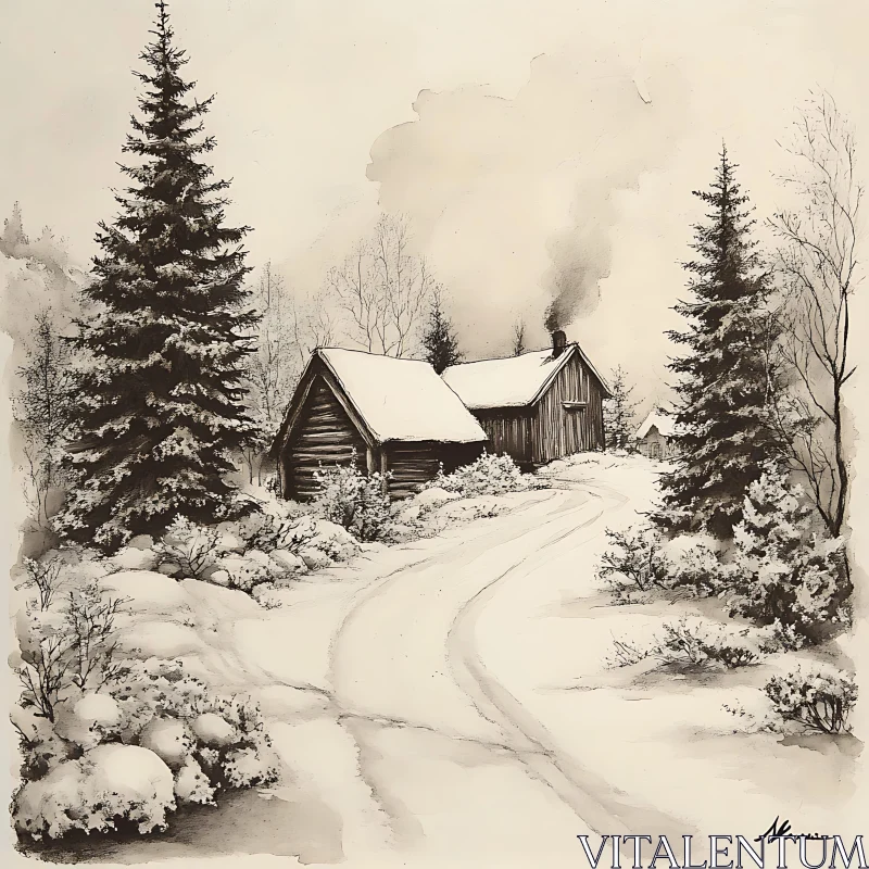 AI ART Monochrome Winter Cabin Scene