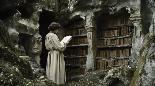 Woman Reading in Ancient Stone Library