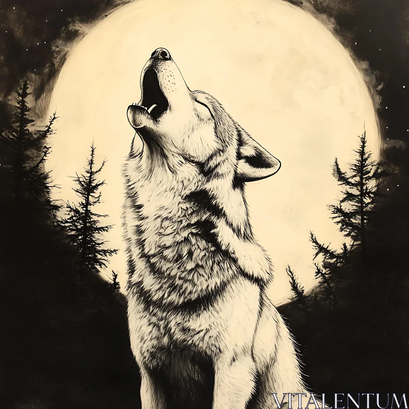 AI ART Monochrome Wolf Howl Under Full Moon