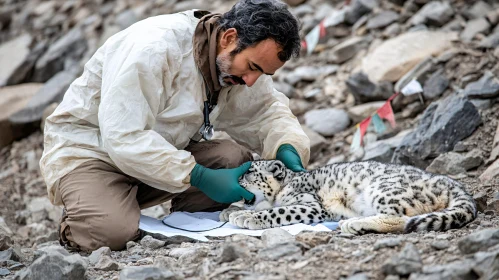 Veterinarian Examining Snow Leopard