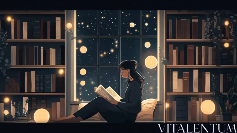 Woman Reading Book at Night AI Image