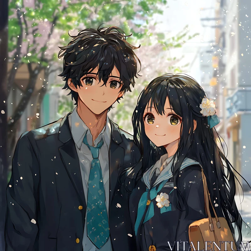 Romantic Anime School Scene with Cherry Blossoms AI Image