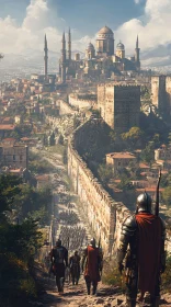 Knights in Armor Approaching a Historical Castle