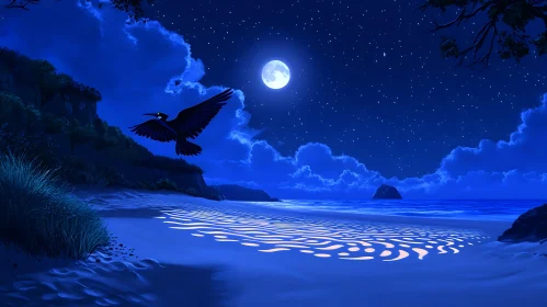 Indigo Night Seascape with Bird in Flight