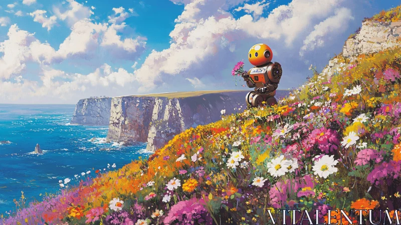 AI ART Charming Robot in Flower Field by the Sea