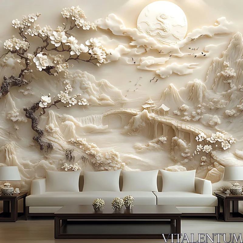 AI ART Serene Living Room with Intricate Wall Art