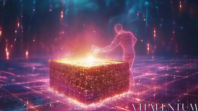 AI ART Glowing Cube and Figure Digital World