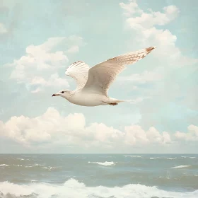 White Seagull in Flight over Blue Sea