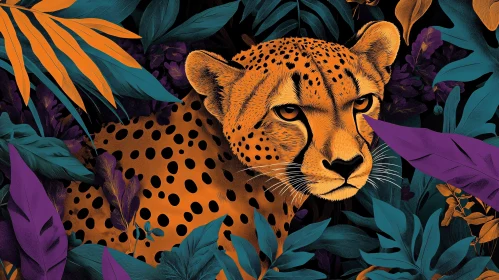 Stylized Cheetah Among Tropical Leaves