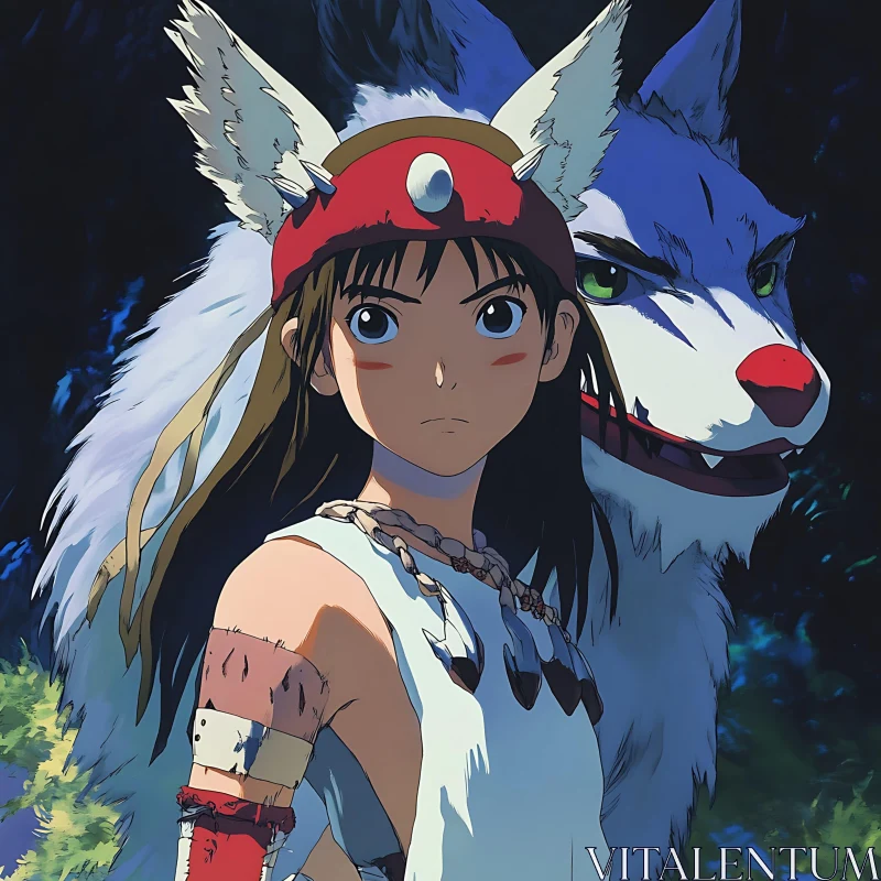 Mystical Anime Scene with Wolf Companion AI Image